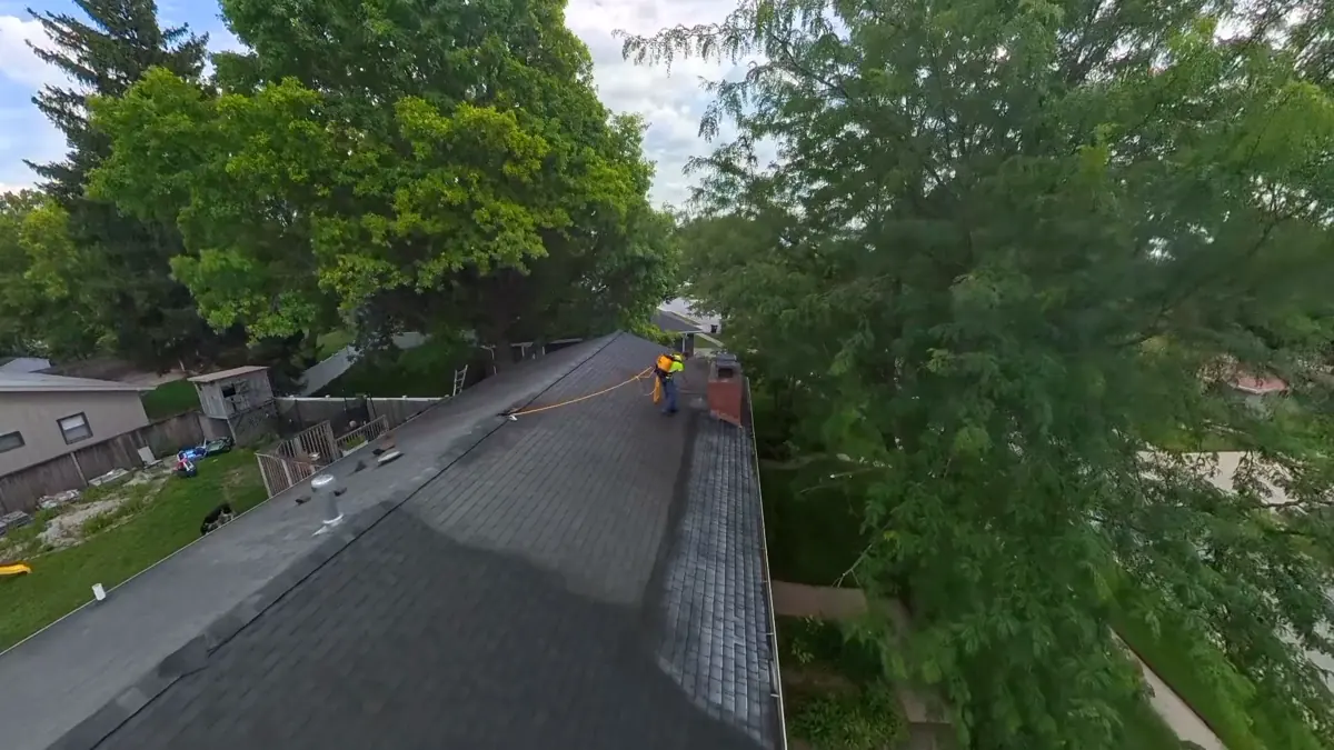 Aerial view of an asphalt shingle roof in Hampton Roads